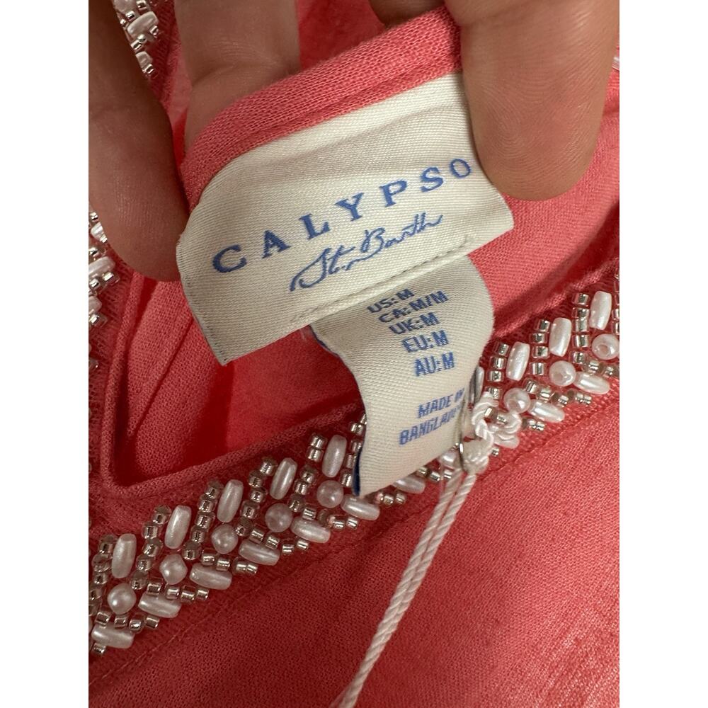 Calypso St Barth Maxi Dress Women’s Medium Linen Blend Coral Pink Beaded New - Picture 4 of 13